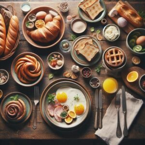 Top-down view of a rustic wooden table filled with various meals including breakfast, lunch, and dessert, arranged on vintage ceramic plates with herbs and utensils for decoration.