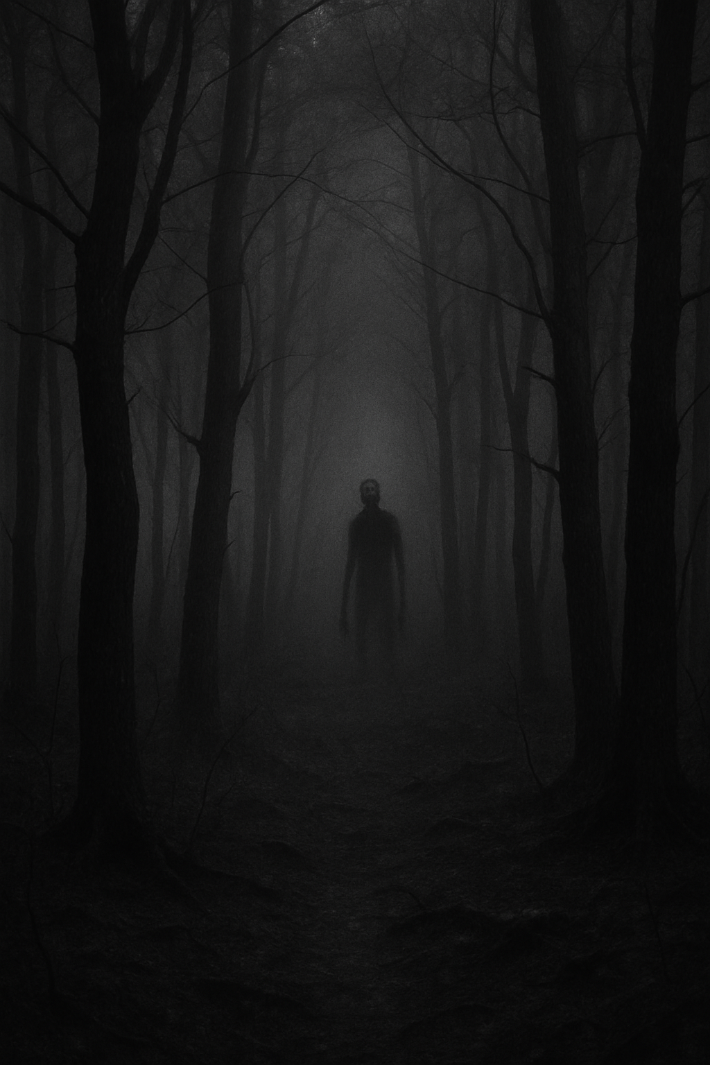 Creepy Forests - A foggy, twisted forest hides a haunting figure barely visible among the trees