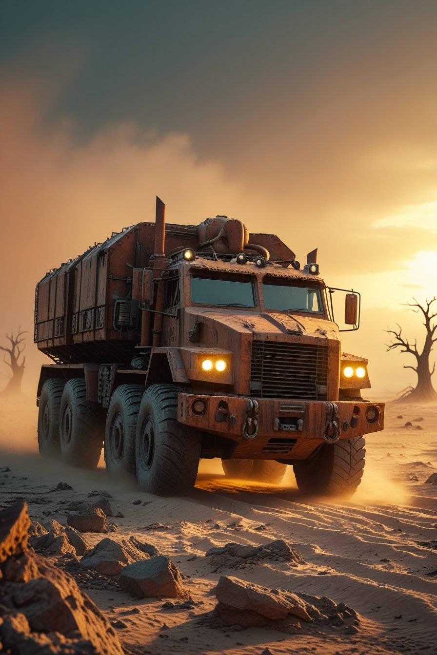 Futuristic and Concept Vehicles - A futuristic armored transport vehicle driving through a post-apocalyptic wasteland, heavy dust, rugged design, cinematic lighting