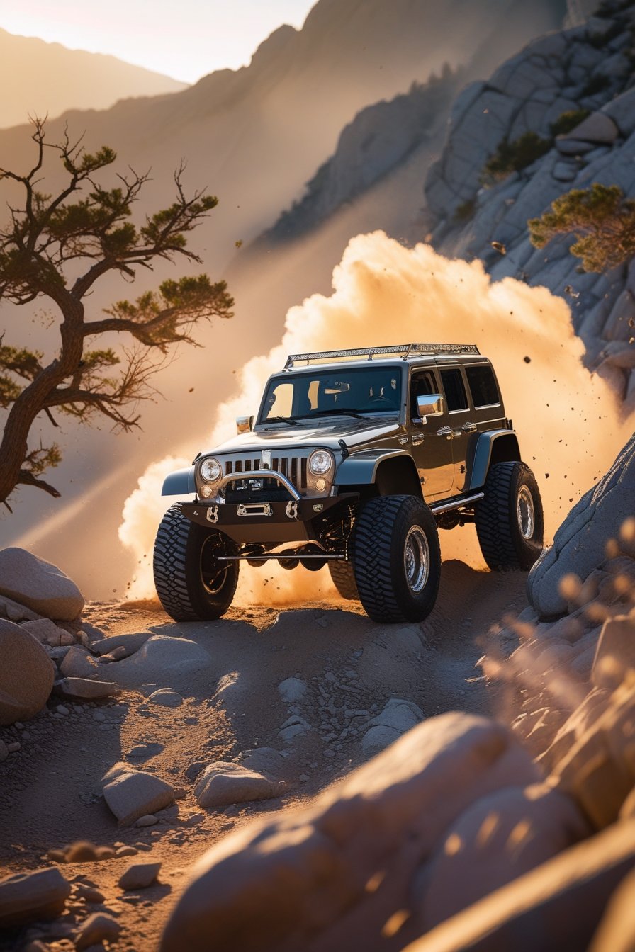 Trucks and Off-Road - A lifted off-road truck climbing a rocky mountain trail at golden hour, dirt flying, dramatic lighting, cinematic realism