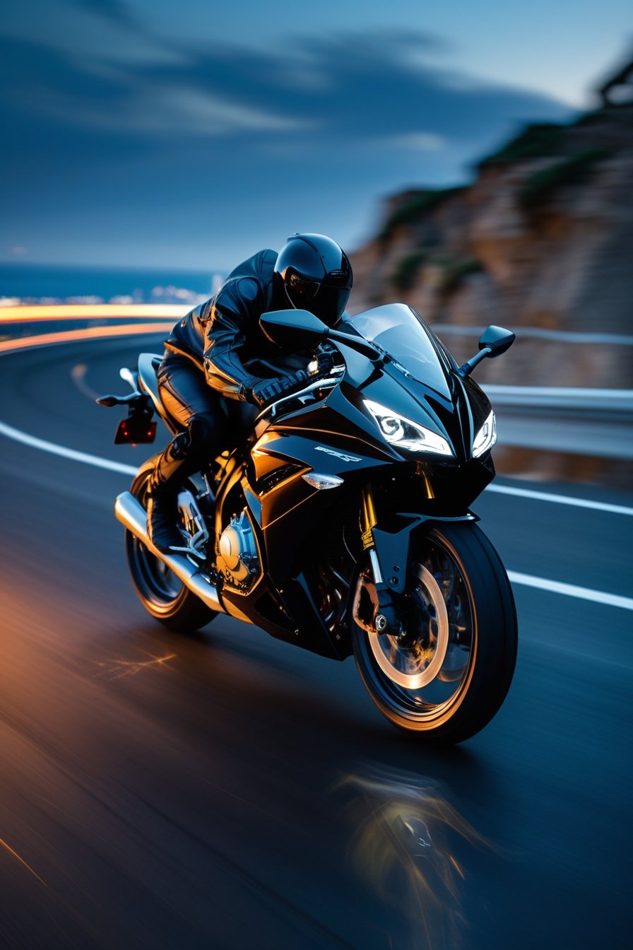 Motorcycles - A sleek modern sportbike racing down a coastal highway at twilight, neon reflections on chrome, motion blur, cinematic angle