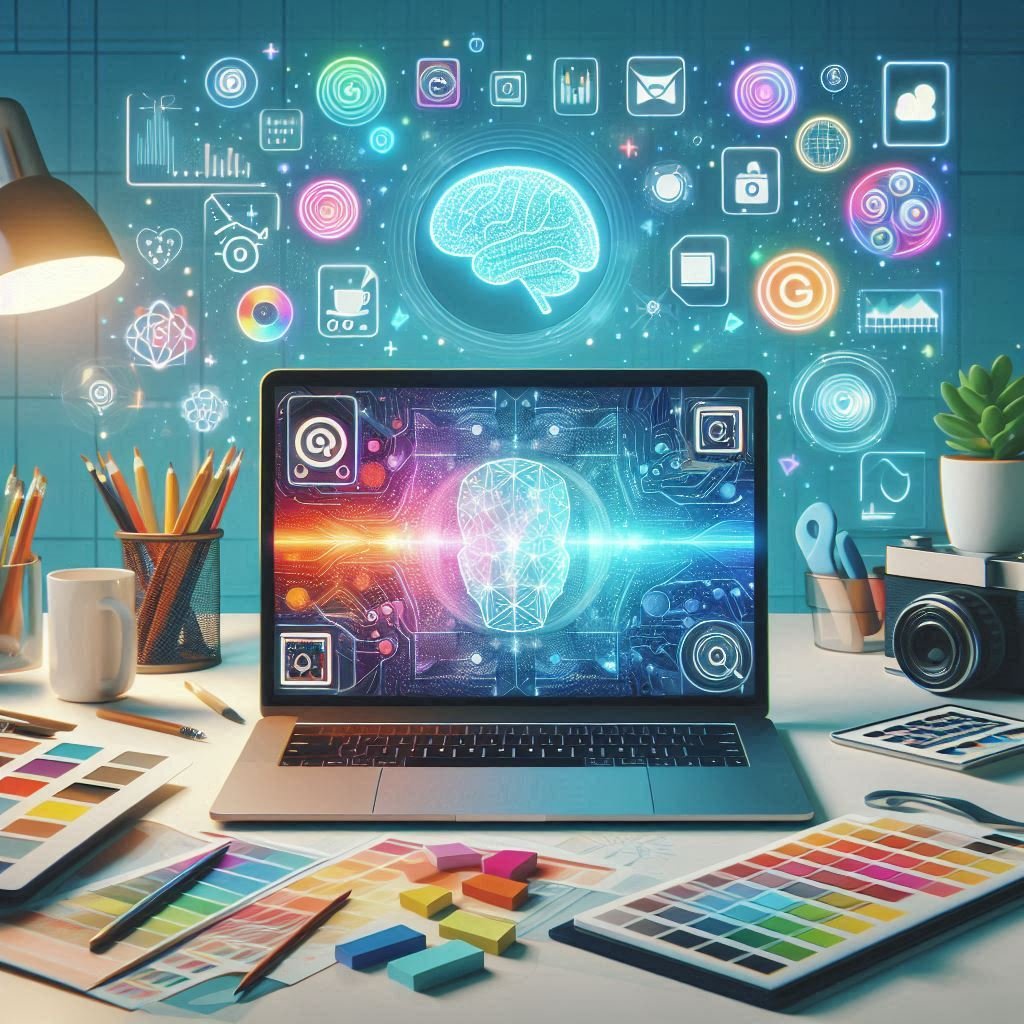 Laptop displaying AI-generated images surrounded by digital design tools and colorful icons of Canva, Adobe, and AI, perfect for beginners learning AI image creation.
