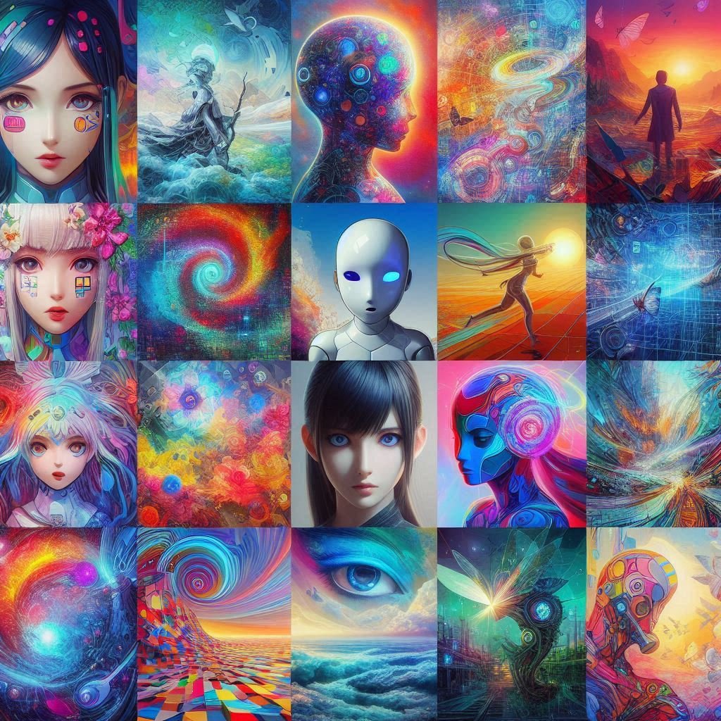 AI Image Styles Collage – Beginner Inspiration free AI tools for beginners, A colorful collage of AI-generated images in various styles like anime, realism, surrealism, and digital painting.