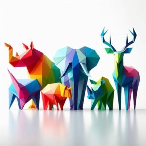 Group of origami-style animals with colorful geometric design