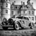 Classic Cars - An elegant 1930s luxury car in front of an old European mansion, black-and-white with film grain, art deco style