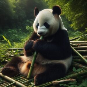 Panda sitting among green plants, holding and eating bamboo calmly.