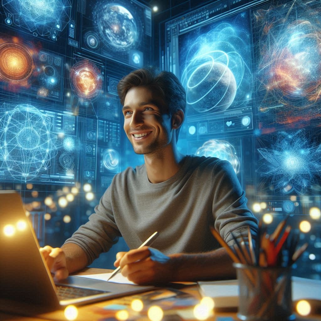Beginner Using AI Tools for Creative Design Smiling beginner creating AI images on a laptop, surrounded by glowing artworks and AI icons.