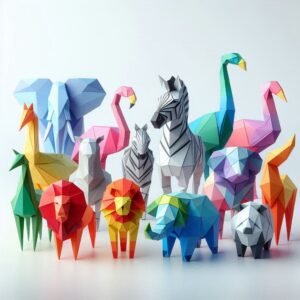 Assorted geometric origami-style animals made of colorful polygons
