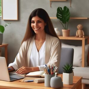 Smiling woman in online therapy session at home, with calming décor