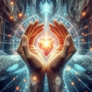Close-up of hands holding sacred object near heart with calming glow.