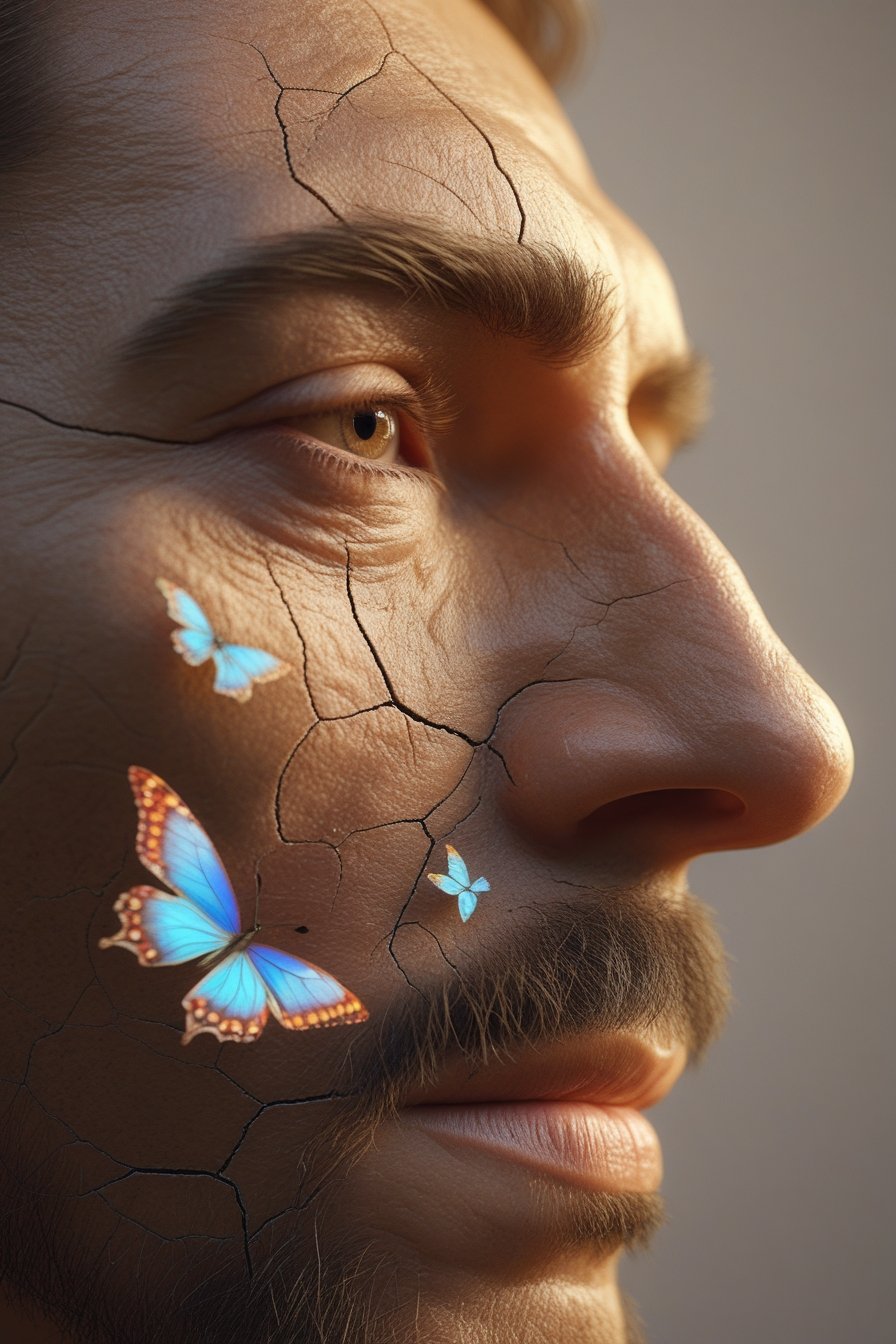 Conceptual and Surreal - A close-up portrait of a man's face with surreal cracks