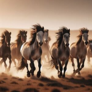 Wild horses running across a dusty plain with windblown manes and dramatic clouds above.
