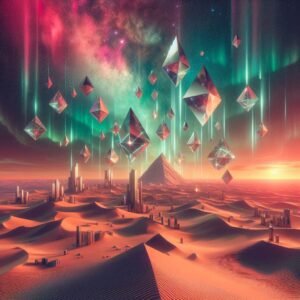 Floating geometric crystals in a desert with auroras