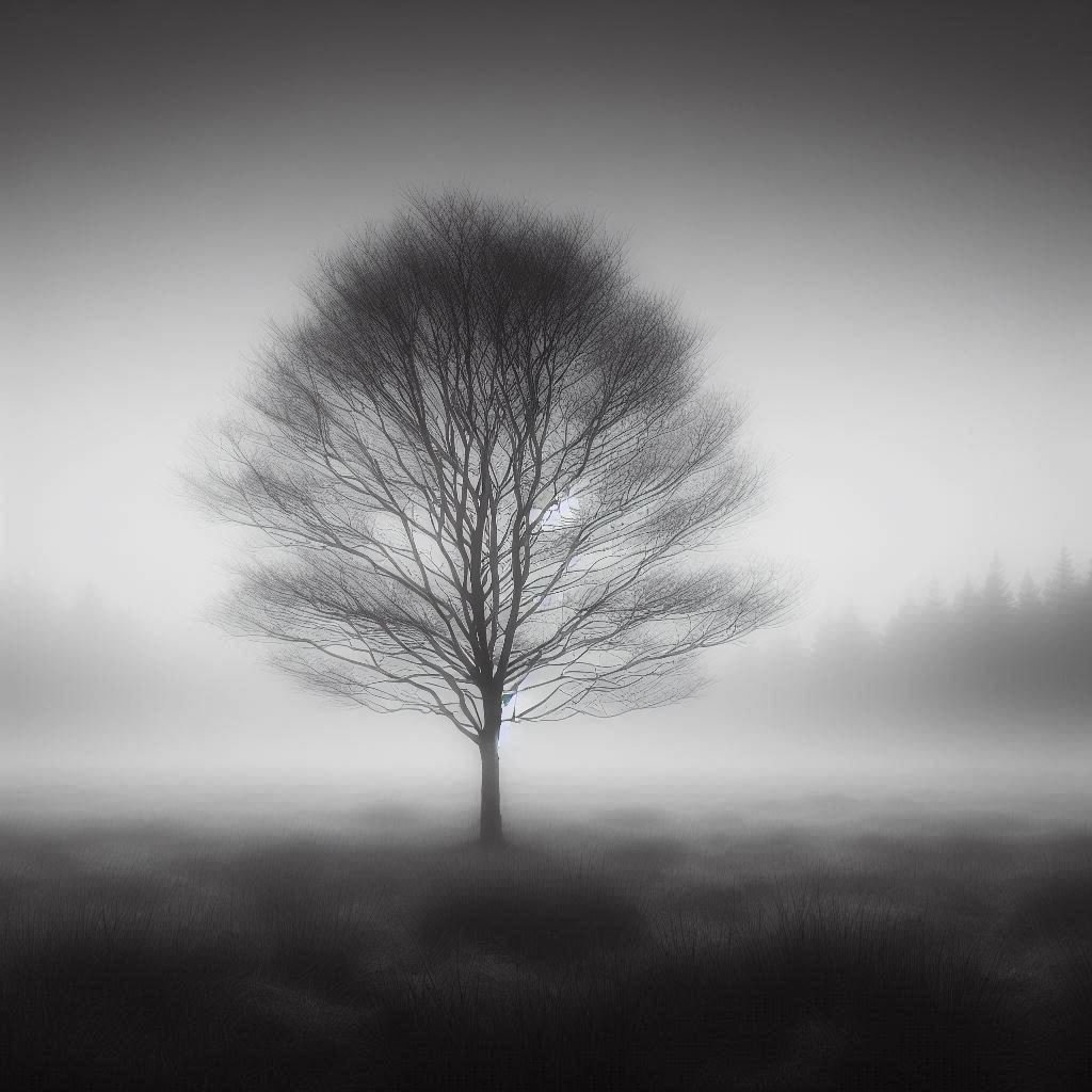 A mnimal barren tree stands frozen in a silent fog, its delicate branches fading into the mist. The grayscale palette enhances the sense of mystery, creating an almost dreamlike stillness within the landscape