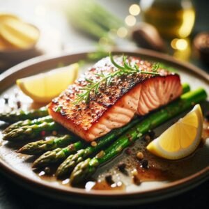 Close-up angled photo of a gourmet dish featuring seared salmon with asparagus and lemon slices, with a soft-focus background and natural lighting highlighting texture and freshness.