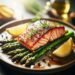 Close-up angled photo of a gourmet dish featuring seared salmon with asparagus and lemon slices, with a soft-focus background and natural lighting highlighting texture and freshness.