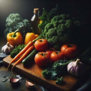 Close-up photo of fresh vegetables on a wooden cutting board, including tomatoes, carrots, kale, garlic, and bell peppers with visible water droplets.