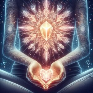 Hands offering glowing stone near heart in a spiritual and calm space.