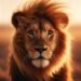 Animals - Close-up portrait of a lion with a flowing mane in golden hour light, looking directly at the viewer with a blurred savanna background.