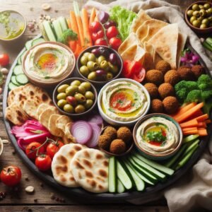 Top-down photo of a Mediterranean mezze platter with hummus, falafel, olives, pita bread, vegetables, and assorted dips on a rustic wooden table.