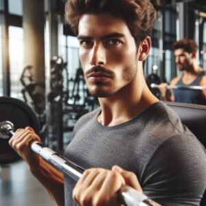 Close-up of man lifting in a gym with focused and intense expression.