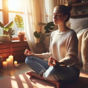 Meditating person in cozy indoor space with candles and sunlight.