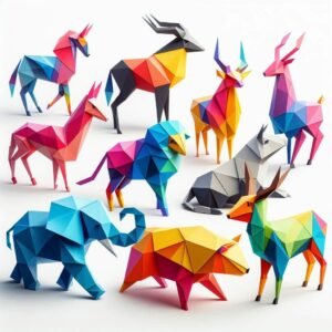 Mixed origami animals created with abstract geometric polygons