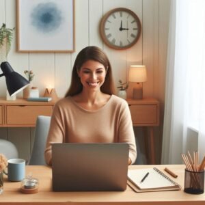 Woman talking to therapist on laptop in a peaceful home setting.