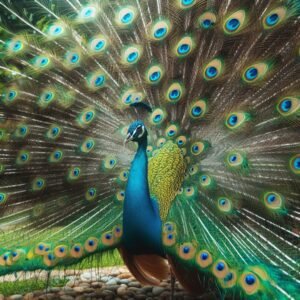Peacock displaying its full tail feathers in a garden, with iridescent blues and greens catching the light.