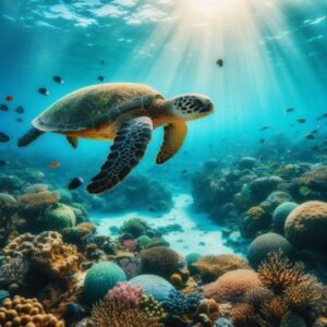 A sea turtle swimming gracefully through clear tropical waters near coral reefs, with sun rays filtering down from the surface.