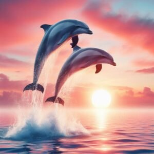 Two dolphins leaping out of the water against a sunset sky, creating splashes as they move.