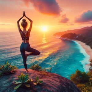 Woman doing yoga at sunset on cliff above calm ocean, peaceful scene.