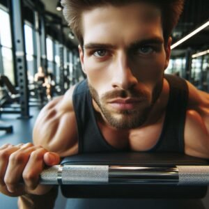 Muscular man lifting weights in a clean gym, showing strength and focus.