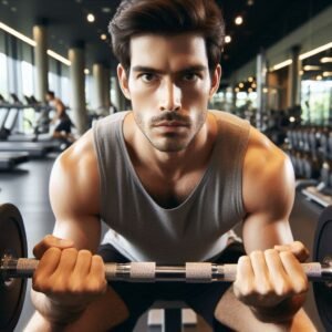 Man performing deadlift in a bright gym with determined look.