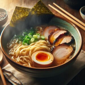 Angled photo of a steaming bowl of ramen with soft-boiled egg, chashu pork, nori, scallions, and chopsticks on a wooden surface.