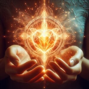 Glowing crystal held over chest in hands, symbolizing healing and belief.