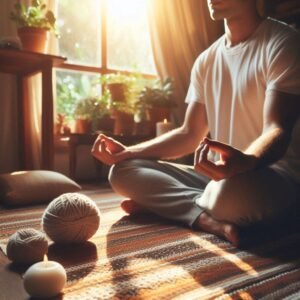 Person sitting in meditation near window with curtains, light, and plants.
