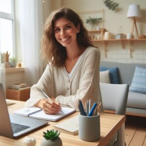 Woman in therapy video call, sitting at a calm, organized home workspace.