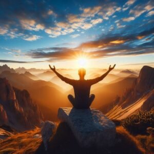 Meditating person at sunrise on mountain, peaceful and still.