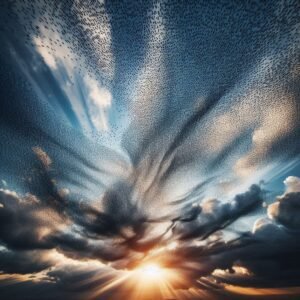 A flock of starlings forming swirling murmuration patterns in a colorful sunset sky with dramatic clouds.
