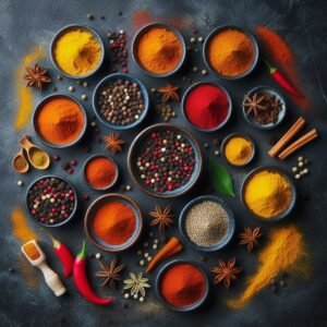Top-down view of assorted spices in small bowls and scattered on a dark background, featuring turmeric, paprika, cumin, black pepper, and star anise.