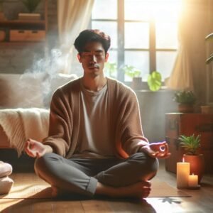 Person meditating in a plant-filled room with soft afternoon sunlight. Mental and Emotional Wellness