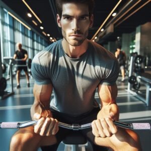 Focused man lifting barbell in a modern gym with intense expression.