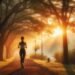 Physical Wellness - Runner jogging under trees in a sunlit park during early morning.