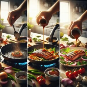 Three-stage cooking scene showing food sizzling in a pan, being plated by hand, and served on a table, with motion blur effects and vibrant lighting in a modern kitchen setting.