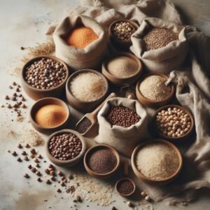 culinary - Flat lay of grains and legumes like lentils, quinoa, brown rice, chickpeas, and oats in fabric sacks and wooden bowls on a rustic background.