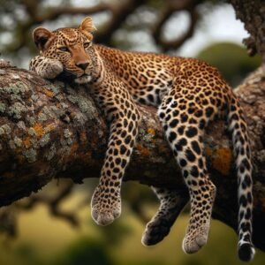 Leopard lying on a tree branch in the wild with relaxed posture and watchful expression.