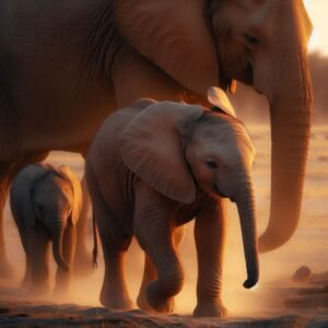 Baby elephant walking with a herd on a dusty savanna at sunset, trunk touching its mother.