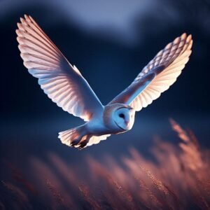 Barn owl flying over a field during dusk with wings spread wide and soft glowing feathers.