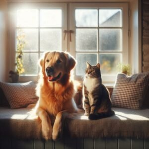 A golden retriever and a tabby cat sitting peacefully together on a cozy window seat with sunlight streaming through the window.